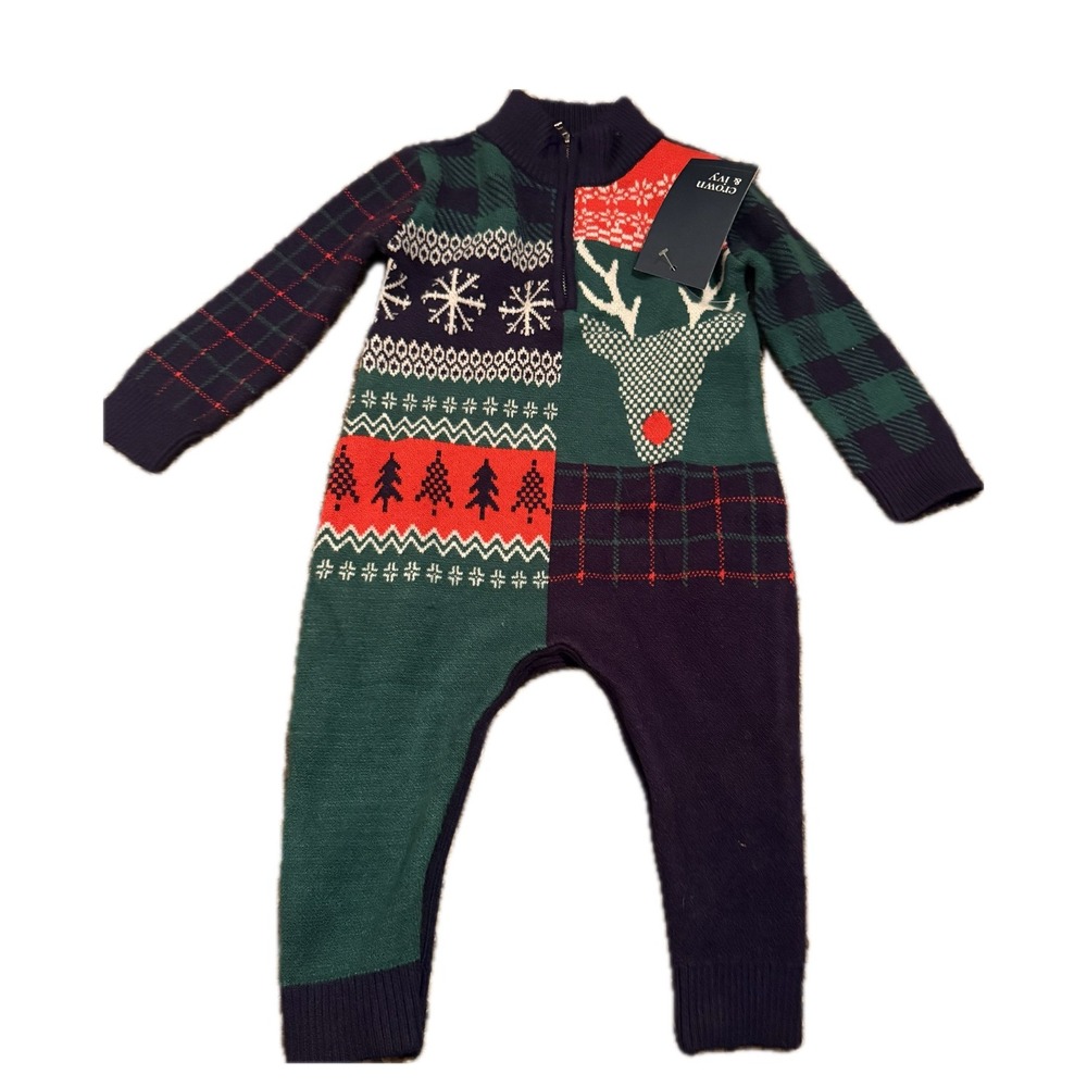 Christmas Sweater Body Suit 12 Months Reindeer Winter Patchwork NWT